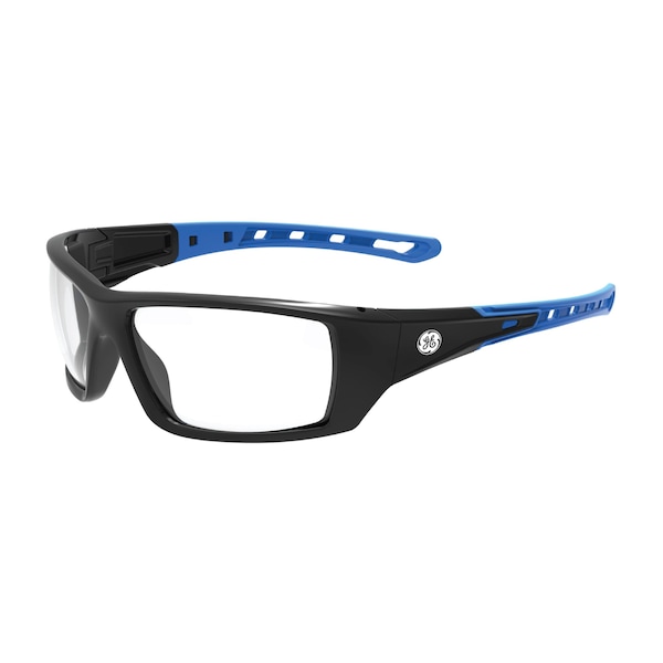 Ge Safety Glasses, Anti-Scratch, Clear Lens, Black/Blue Frame GE104C - main